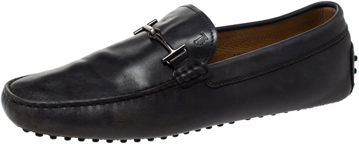 Tod's Navy Blue Leather Double T Bit Loafers Size 45