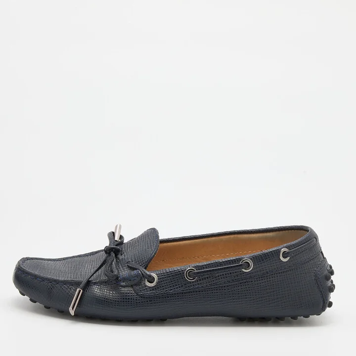 Tod's Navy Blue Lizard Embossed Leather Bow Slip On Loafers Size 36