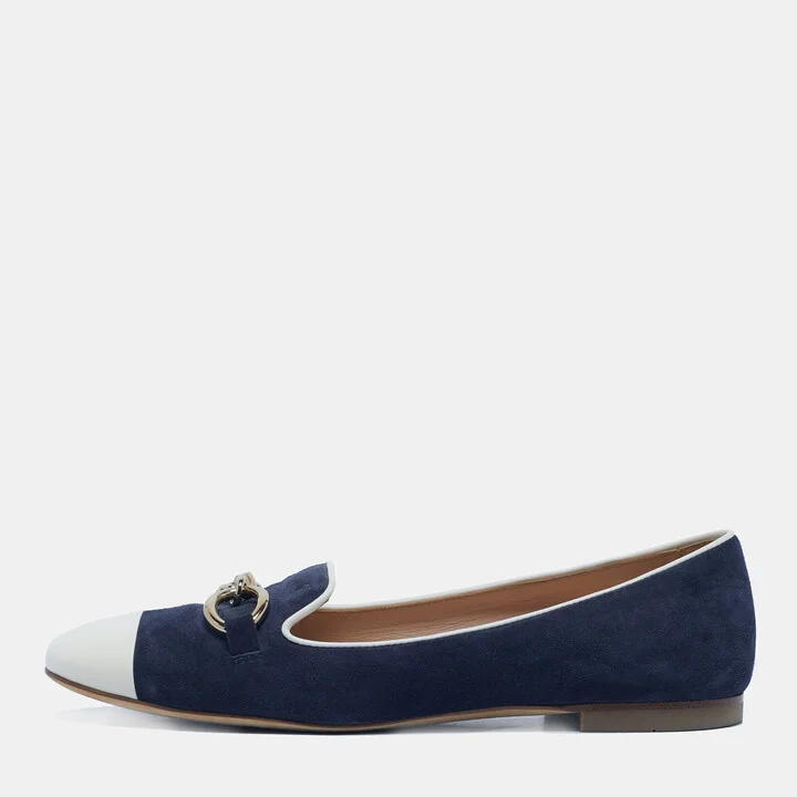 Tod's Navy Blue/White Suede and Leather Chain Cap Toe Ballet Flats Size 39