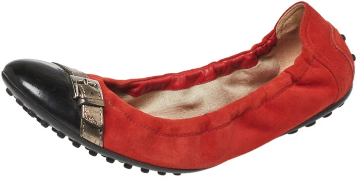 Tod's Orange/Black Suede and Patent Leather Cap Toe Scrunch Ballet Flats Size 37.5
