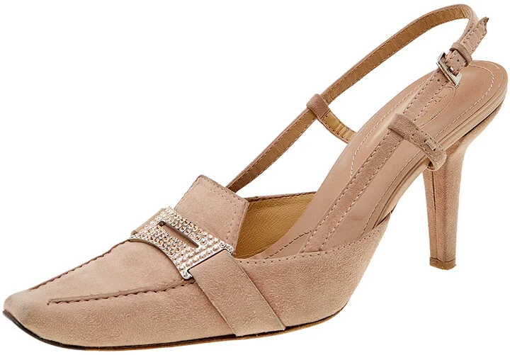 Tod's Pale Pink Suede Crystal Embellished Penny Loafer Slingback Sandals Size 40