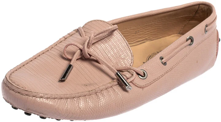 Tod's Pink Lizard Embossed Leather Slip On Loafers Size 41