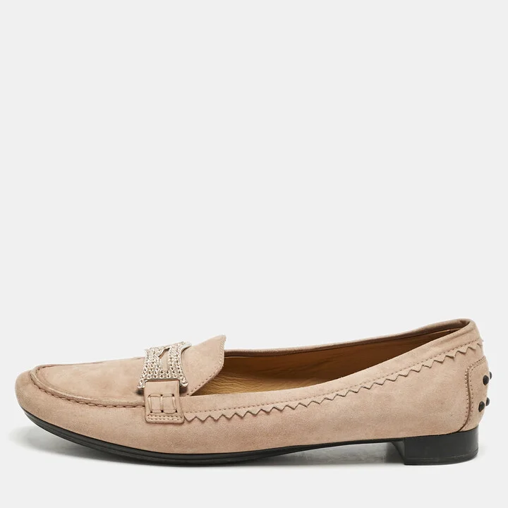 Tod's Pink Suede Crystal Embellished Loafers Size 38.5