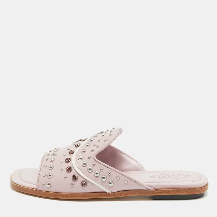 Tod's Purple Leather Crystal Embellished Flat Slides Size 37.5