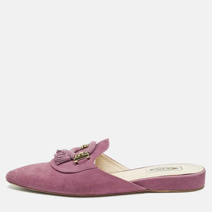 Tod's Purple Nubuck Leather Tassel Detail Mules Size 39.5