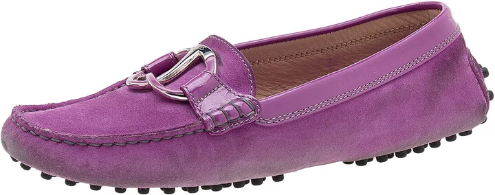Tod's Purple Suede And Patent Leather Trim Embellished Slip On Loafers Size 38
