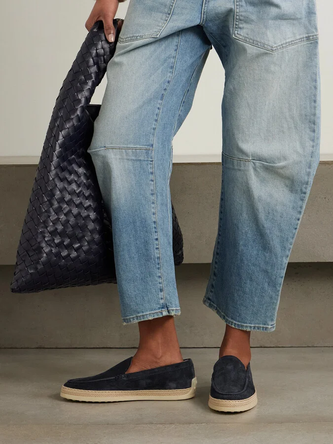 Tod's - Raffia-trimmed Suede Loafers - Blue - Image 2