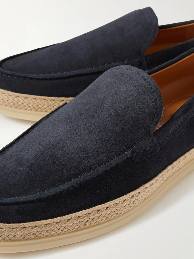 Tod's - Raffia-trimmed Suede Loafers - Blue - Image 4