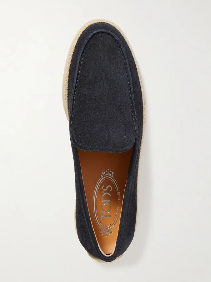 Tod's - Raffia-trimmed Suede Loafers - Blue - Image 5