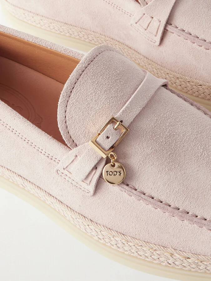 Tod's - Raffia-trimmed Suede Loafers - Pink - Image 4