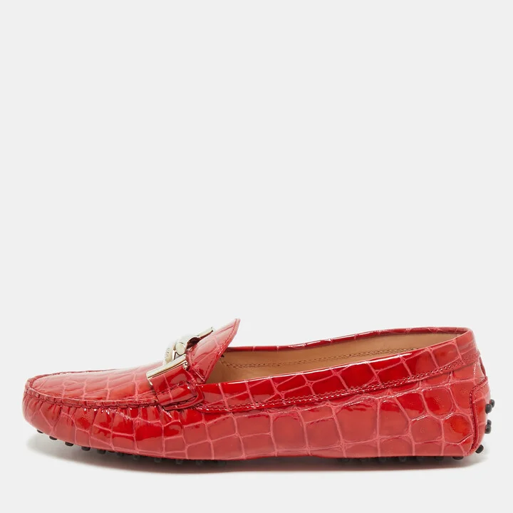 Tod's Red Croc Embossed Patent Leather Double T Loafers Size 41