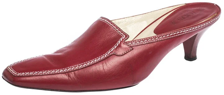 Tod's Red Leather Loafer Slide Kitten Heel Mules Size 37