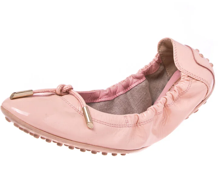 Tod's Salmon Pink Patent Leather Ballerina Scrunch Flats Size 37