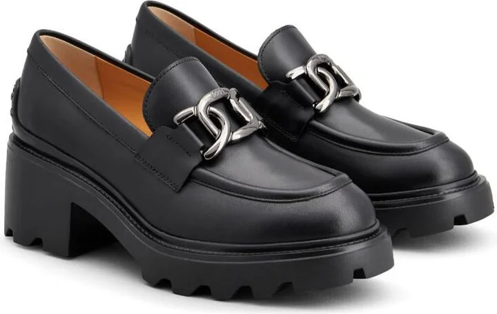 Tod'S Semi-Shiny Leather Heeled Loafers With Metal Chain Shoes - Image 5