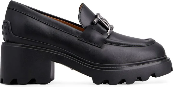 Tod'S Semi-Shiny Leather Heeled Loafers With Metal Chain Shoes