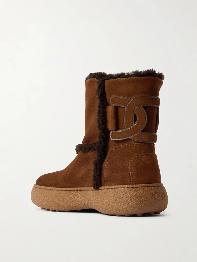 Tod's - Shearling-lined Leather-trimmed Suede Ankle Boots - Brown - Image 3