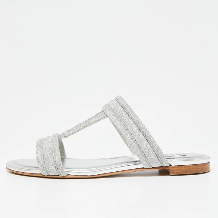 Tod's Silver Glitter Double T Strap Flat Slides Size 36