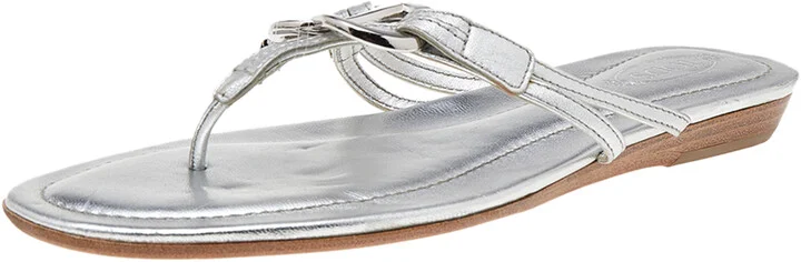 Tod's Silver Leather Thong Flat Sandals Size 38.5