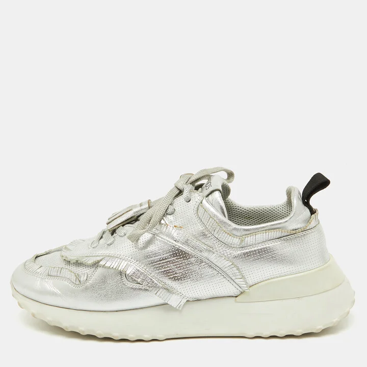 Tod's Silver Perforated Leather Low Top Sneakers Size 39.5