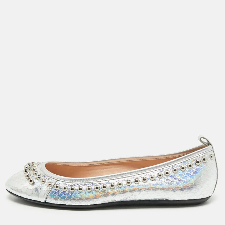 Tod's Silver Python Embossed Leather Studded Ballet Flats Size 35.5