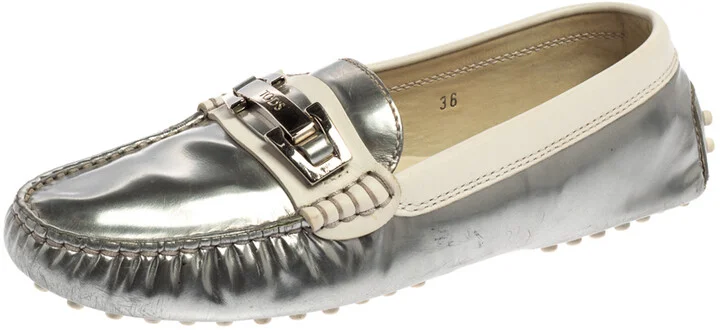 Tod's Silver/White Patent and Leather Logo Buckle Loafers Size 36