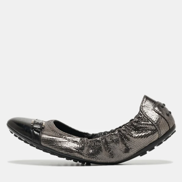 Tod's Sliver/Black Textured Suede and Leather Buckle Detail Scrunch Ballet Flats Size 38