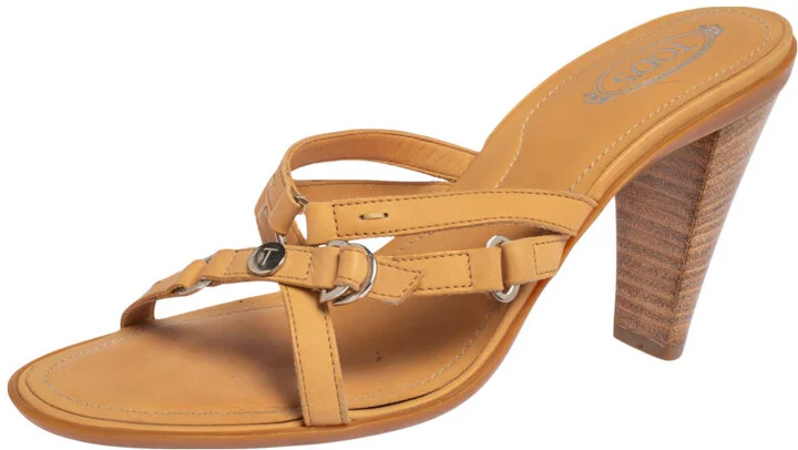 Tod's Tan Leather Strappy Slide Sandals Size 37.5