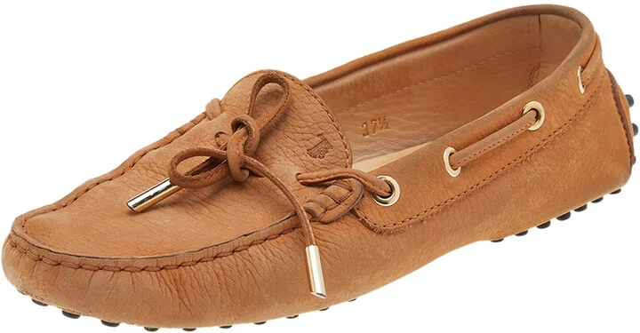 Tod's Tan Nubuck Leather Bow Slip On Loafers Size 37.5