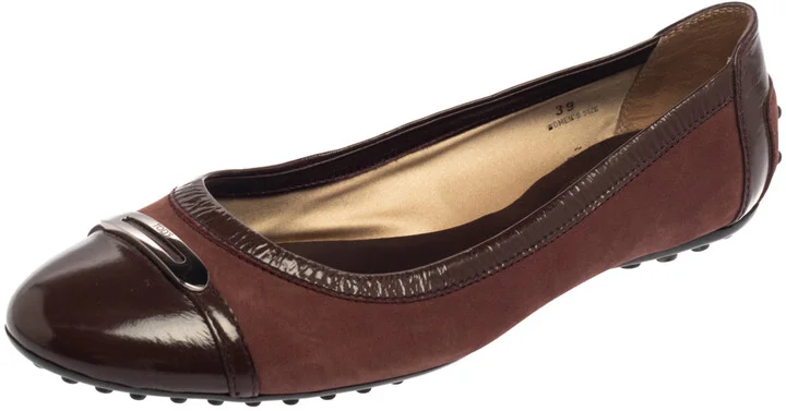 Tod's Two Tone Brown Suede and Patent Leather Cap Toe Ballet Flats Size 39
