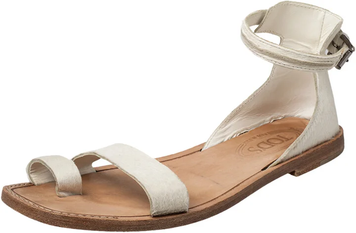 Tod's White Calf Hair Ankle Strap Sandals Size 38.5