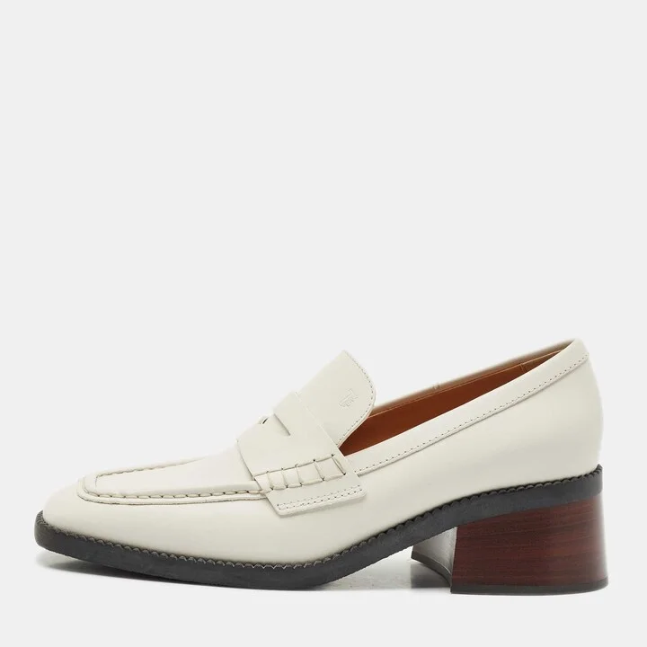 Tod's White Leather Block Heel Loafers Size 39.5