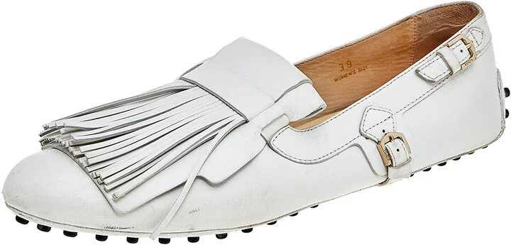 Tod's White Leather Fringe Slip on Loafers Size 39