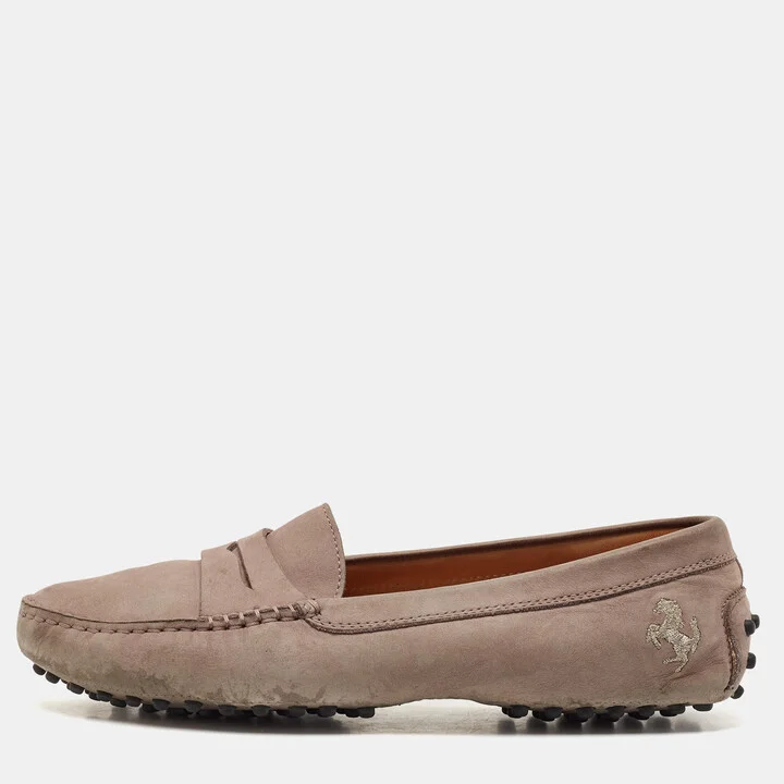 Tod's x Ferrari Grey Nubuck Leather Slip On Loafers Size 38.5