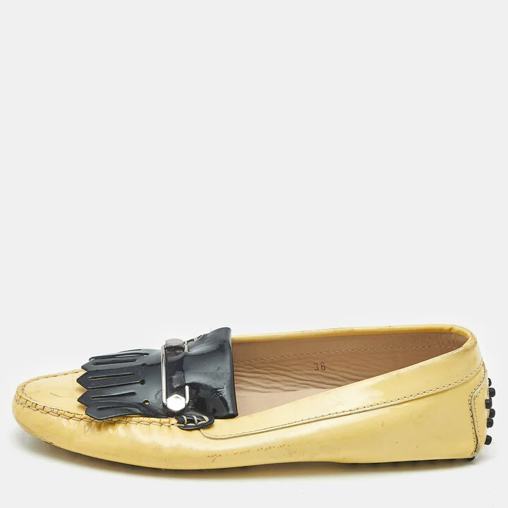 Tod's Yellow/Black Patent Leather Pin Fringe Loafers Size 38