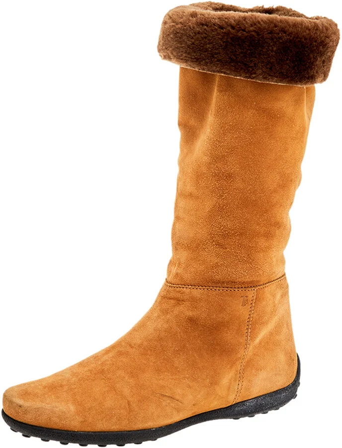 Tod's Yellow/Brown Suede And Fur Calf Length Boots Size 37.5