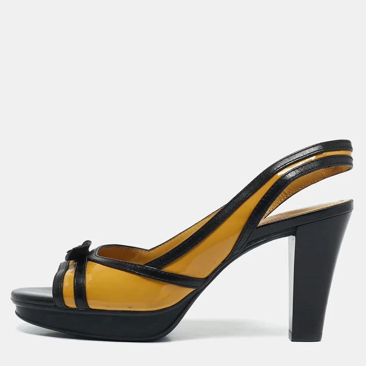 Tod's YellowBlack Patent and Leather Platform Slingback Sandals Size 38.5