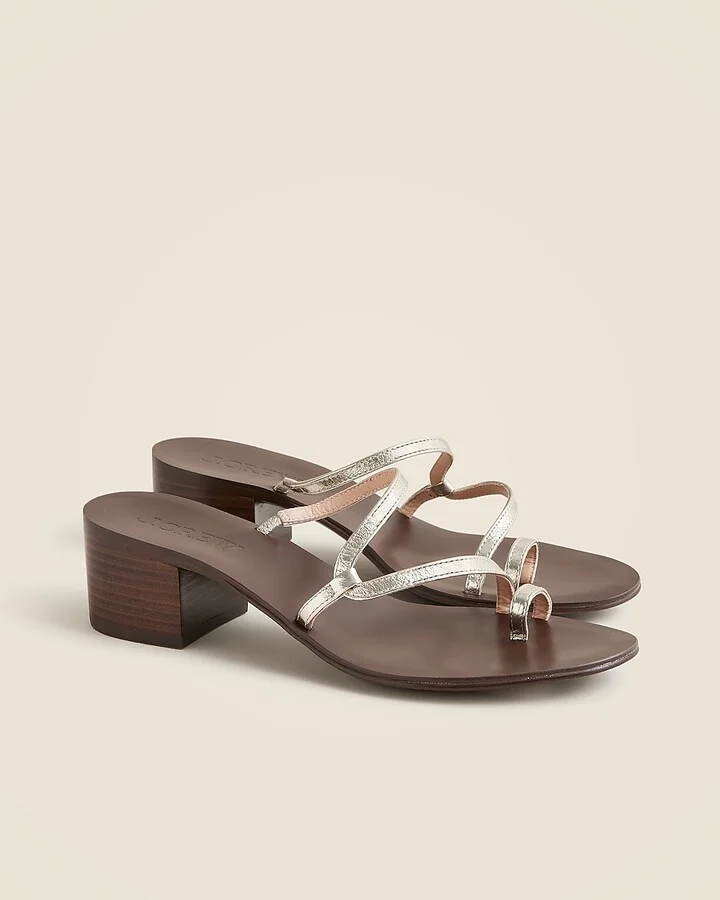 Toe-ring block-heel sandals in metallic leather