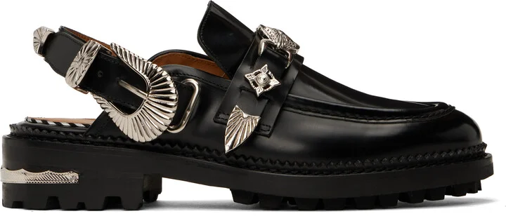 Toga Pulla Black Buckle Polido Leather Loafers
