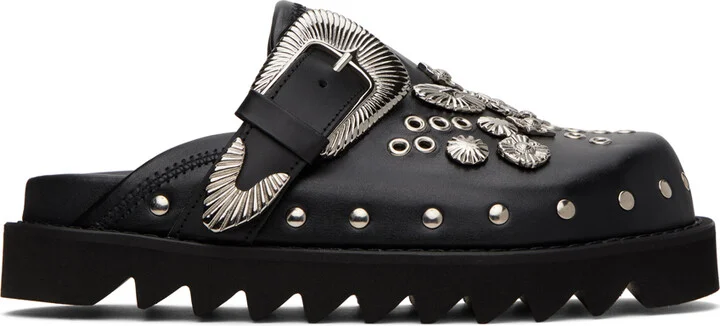 Toga Pulla Black Eyelet Metal Sabot Slippers