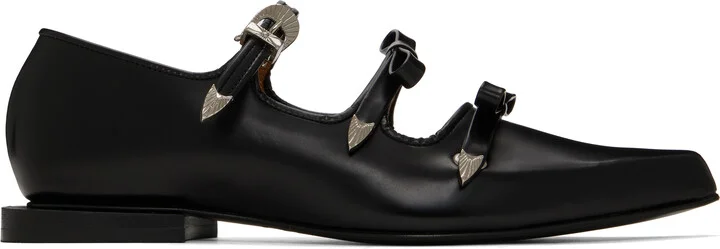 Toga Pulla Black Pointed Toe Ribbon Ballerina Flats