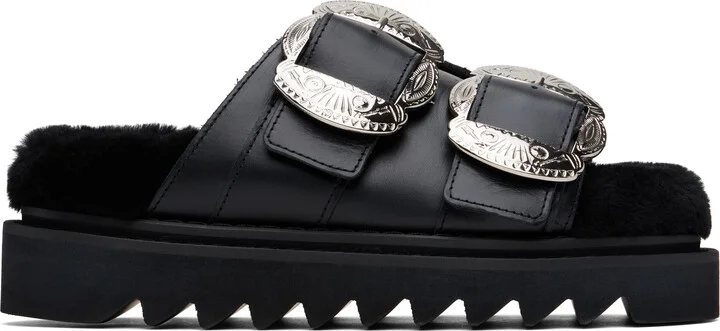Toga Pulla Black Teddy Double Strap Buckled Sandals