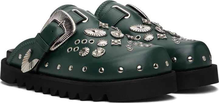 Toga Virilis SSENSE Exclusive Green Eyelet Metal Sabot Slip-on Loafers - Image 4
