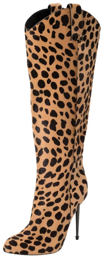 Tom Ford Beige/Brown Leopard Print Calf Hair Knee Length Boots Size 37