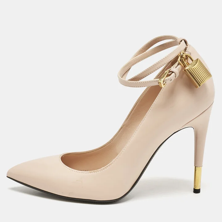 Tom Ford Beige Leather Pointed Toe Padlock Ankle Strap Pumps Size 38.5