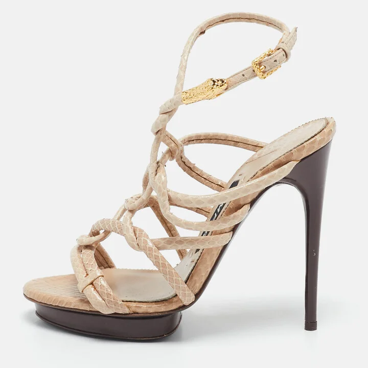 Tom Ford Beige Python Leather Strappy Sandals Size 37.5