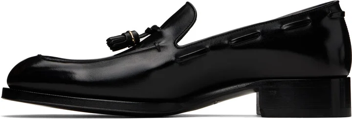TOM FORD Black Burnished Leather Edgar Tassel Loafers - Image 3