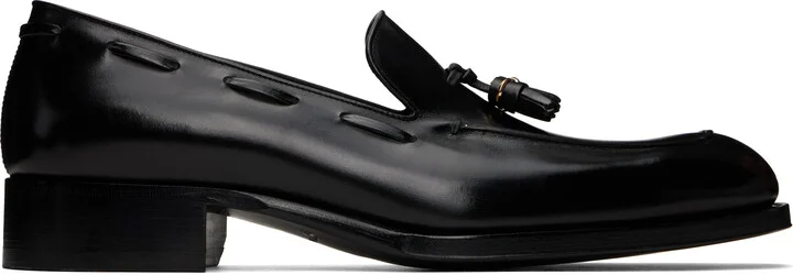 TOM FORD Black Burnished Leather Edgar Tassel Loafers