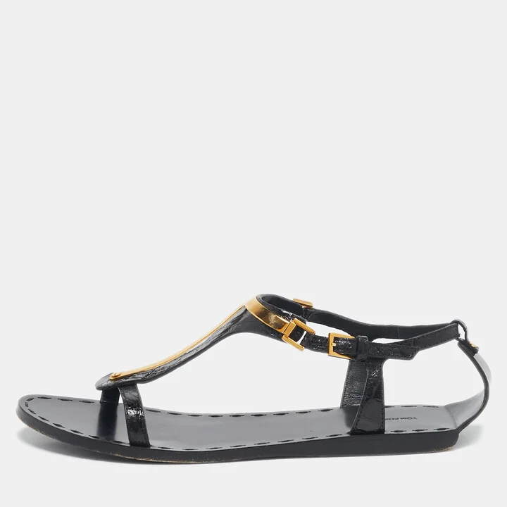 Tom Ford Black Croc Embossed Leather T-Strap Flat Sandals Size 37
