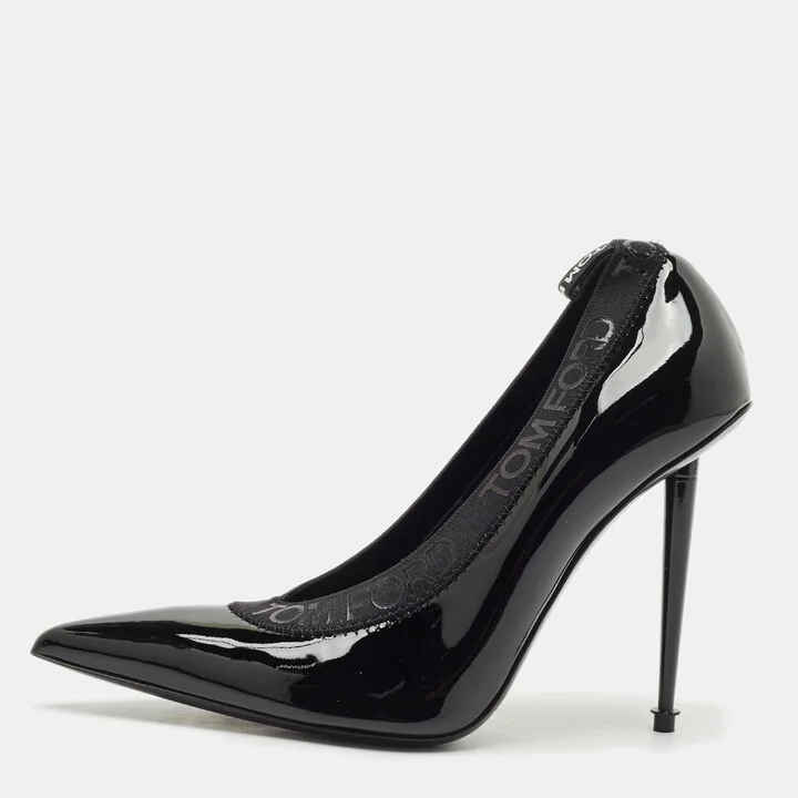 Tom Ford Black Elastic and Patent Leather Pointed Toe Pumps Size 37.5