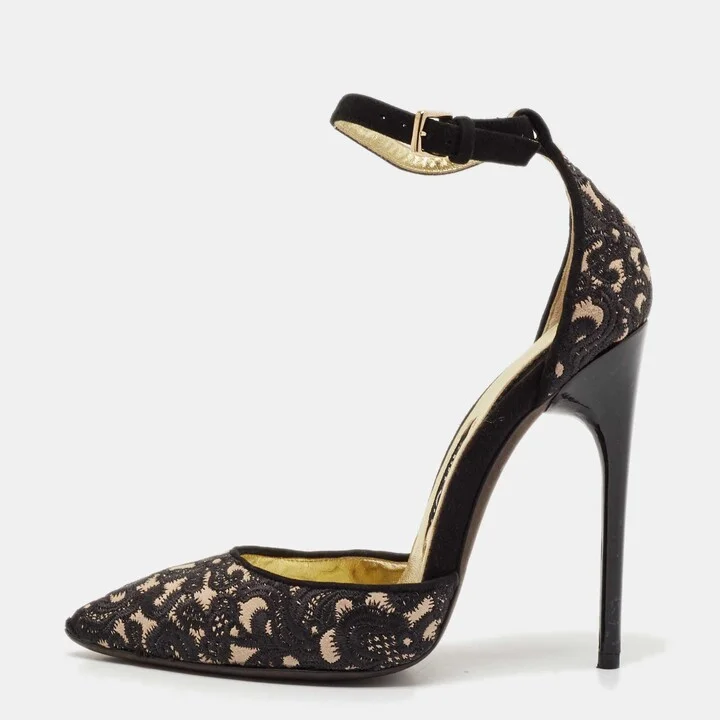 Tom Ford Black Embroidered Suede D'Orsay Ankle Strap Pumps Size 37.5